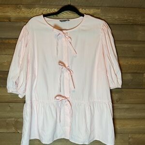 PRETTYGARDEN Women's Pink Tie Front Striped Shirt Trendy Cute Babydoll Top XXL